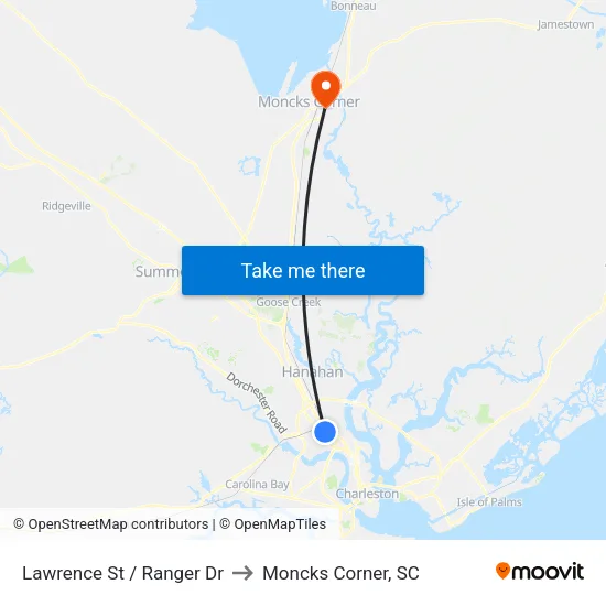 Lawrence St / Ranger Dr to Moncks Corner, SC map