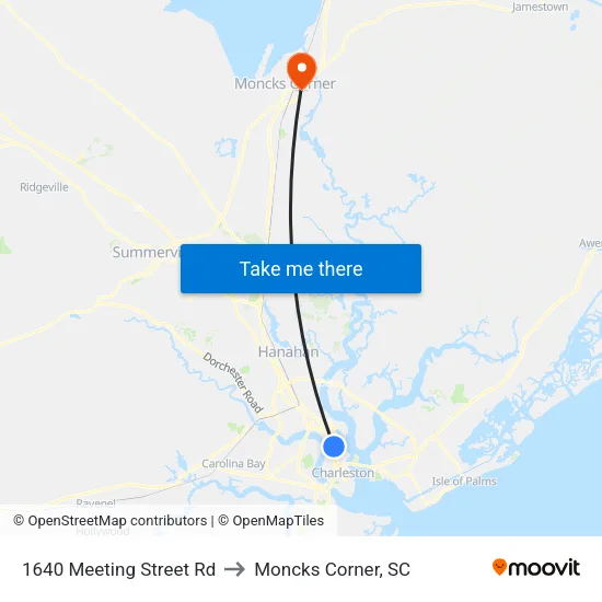 1640 Meeting Street Rd to Moncks Corner, SC map