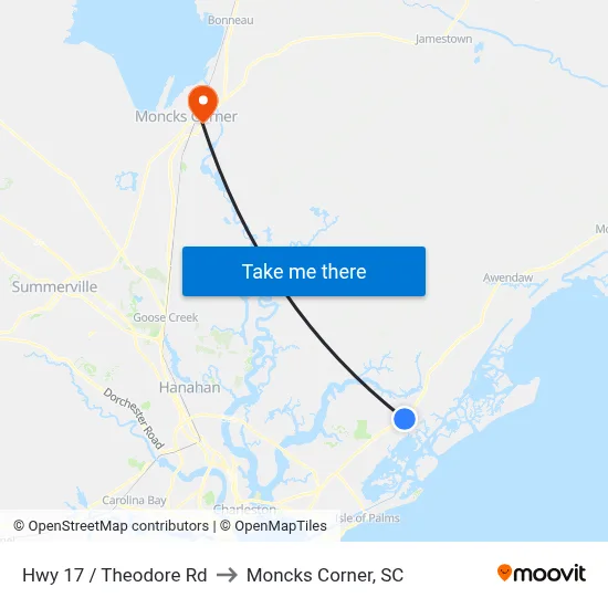 Hwy 17 / Theodore Rd to Moncks Corner, SC map