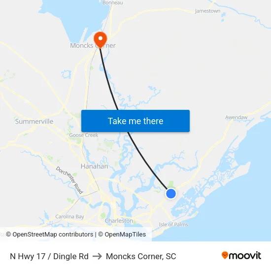 N Hwy 17 / Dingle Rd to Moncks Corner, SC map