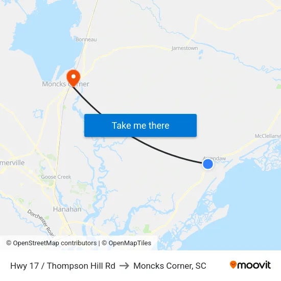 Hwy 17 / Thompson Hill Rd to Moncks Corner, SC map