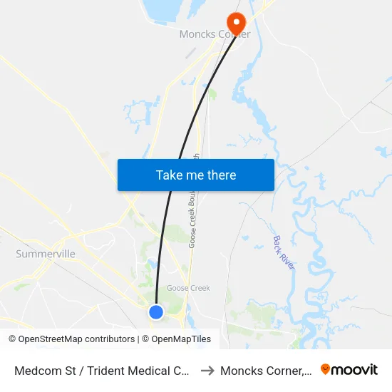 Medcom St / Trident Medical Center to Moncks Corner, SC map