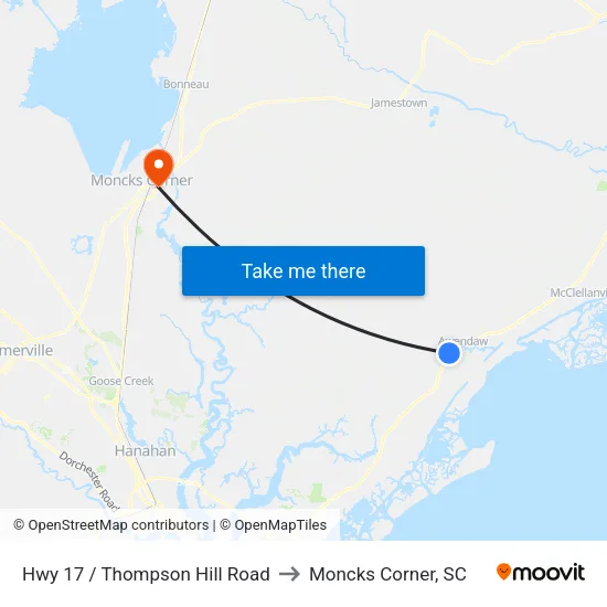 Hwy 17 / Thompson Hill Road to Moncks Corner, SC map