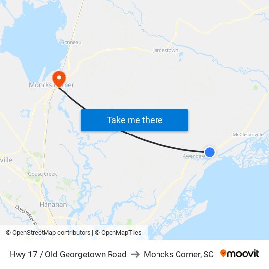 Hwy 17 / Old Georgetown Road to Moncks Corner, SC map