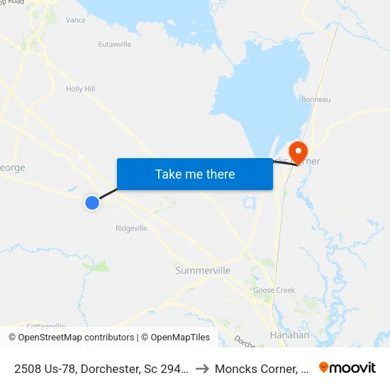 2508 Us-78, Dorchester, Sc 29437 to Moncks Corner, SC map