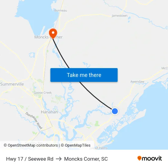 Hwy 17 / Seewee Rd to Moncks Corner, SC map