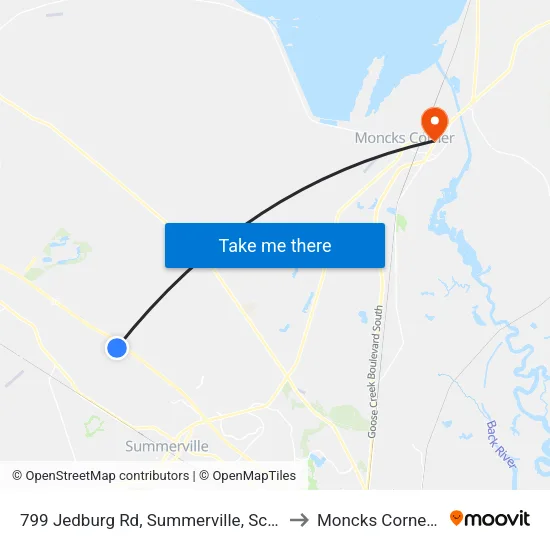 799 Jedburg Rd, Summerville, Sc 29483 to Moncks Corner, SC map