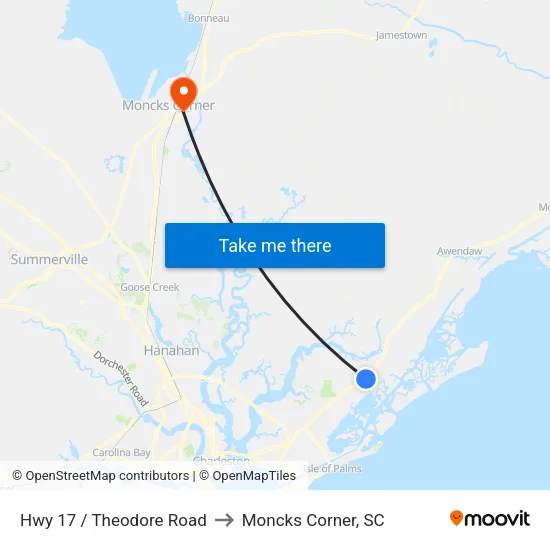 Hwy 17 / Theodore Road to Moncks Corner, SC map