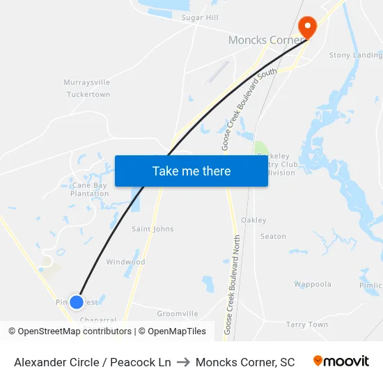 Alexander Circle / Peacock Ln to Moncks Corner, SC map