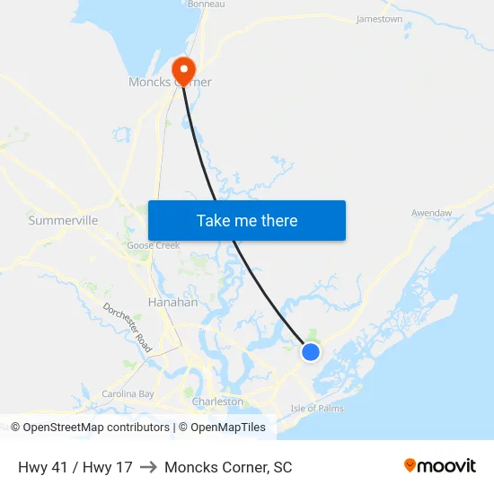 Hwy 41 / Hwy 17 to Moncks Corner, SC map