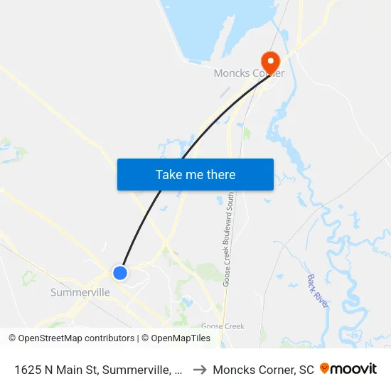 1625 N Main St, Summerville, Sc to Moncks Corner, SC map