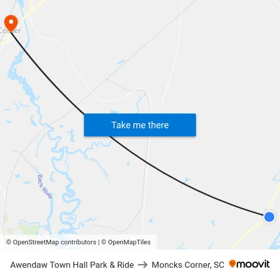 Awendaw Town Hall Park & Ride to Moncks Corner, SC map