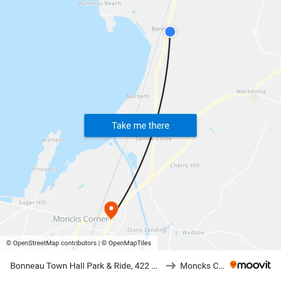 Bonneau Town Hall Park & Ride, 422 Municipal Ln, Bonneau, Sc to Moncks Corner, SC map
