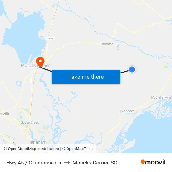 Hwy 45 / Clubhouse Cir to Moncks Corner, SC map