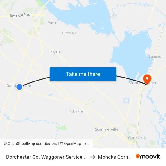 Dorchester Co. Waggoner Services Building to Moncks Corner, SC map
