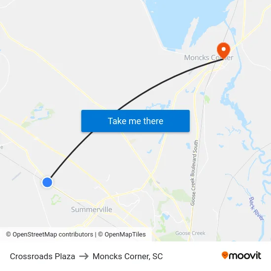 Crossroads Plaza to Moncks Corner, SC map