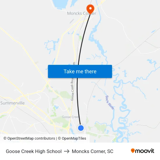 Goose Creek High School to Moncks Corner, SC map