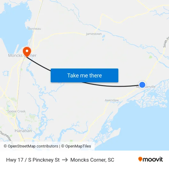 Hwy 17 / S Pinckney St to Moncks Corner, SC map