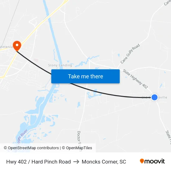 Hwy 402 / Hard Pinch Road to Moncks Corner, SC map
