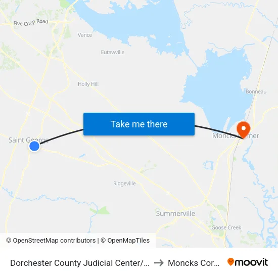 Dorchester County Judicial Center/Court House to Moncks Corner, SC map