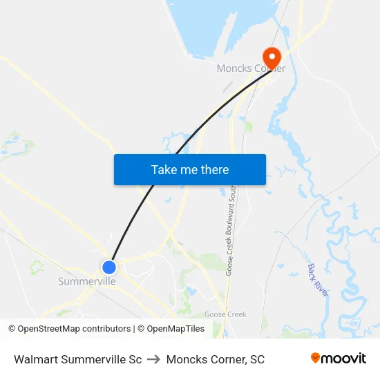 Walmart Summerville Sc to Moncks Corner, SC map