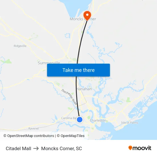 Citadel Mall to Moncks Corner, SC map