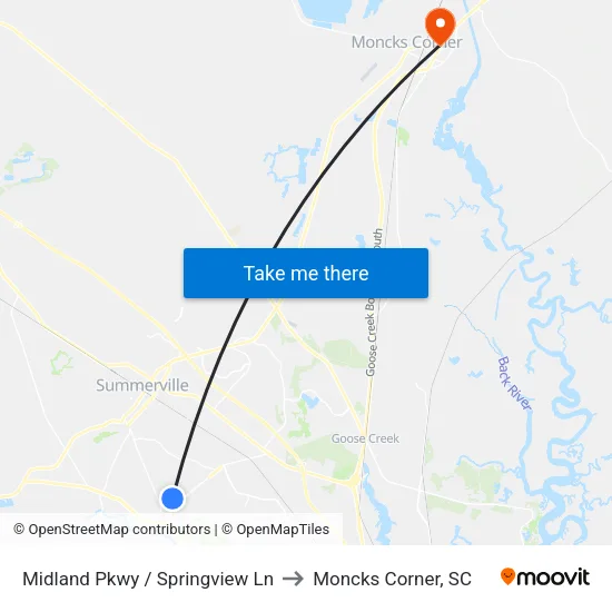 Midland Pkwy / Springview Ln to Moncks Corner, SC map