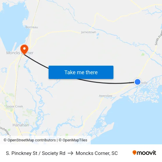 S. Pinckney St / Society Rd to Moncks Corner, SC map
