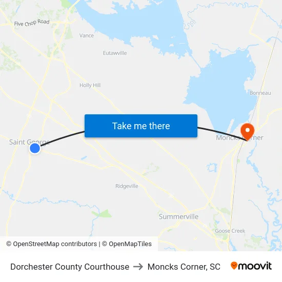 Dorchester County Courthouse to Moncks Corner, SC map