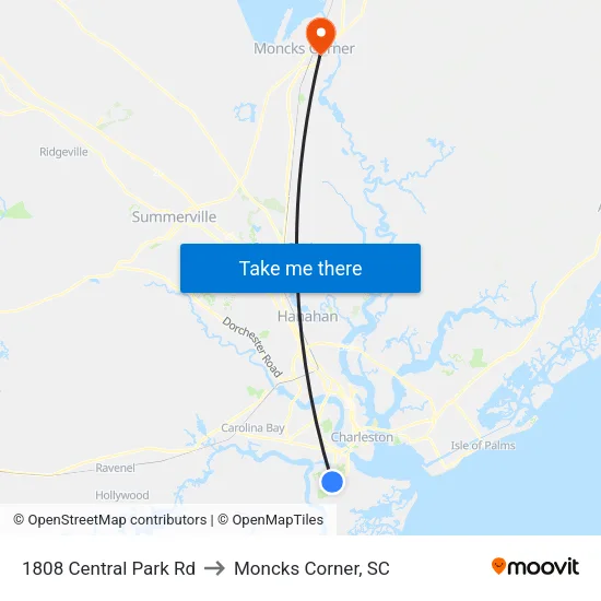 1808 Central Park Rd to Moncks Corner, SC map