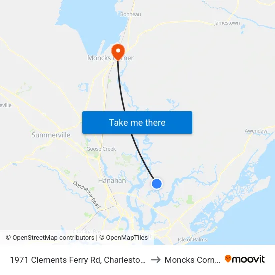 1971 Clements Ferry Rd, Charleston, Sc 29492 to Moncks Corner, SC map