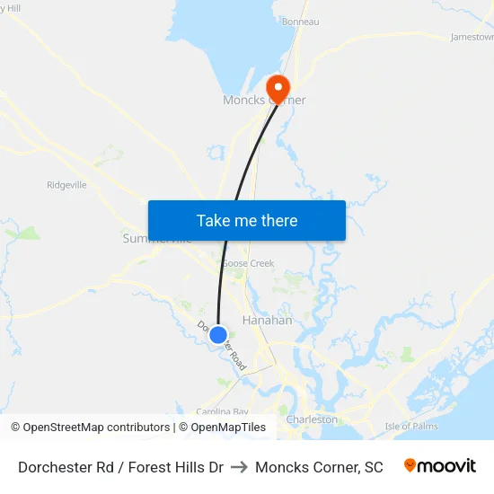 Dorchester Rd / Forest Hills Dr to Moncks Corner, SC map