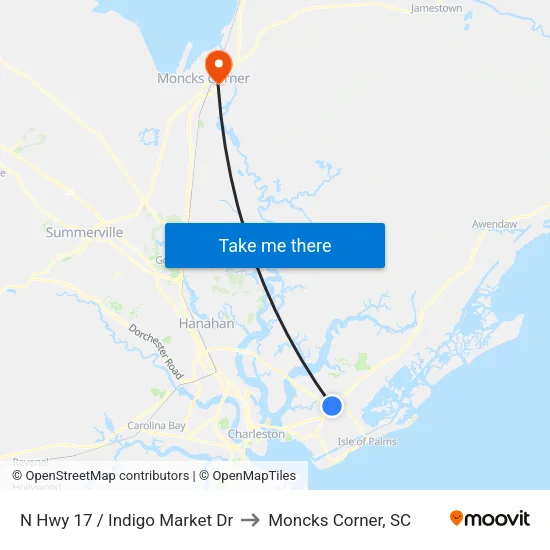 N Hwy 17 / Indigo Market Dr to Moncks Corner, SC map