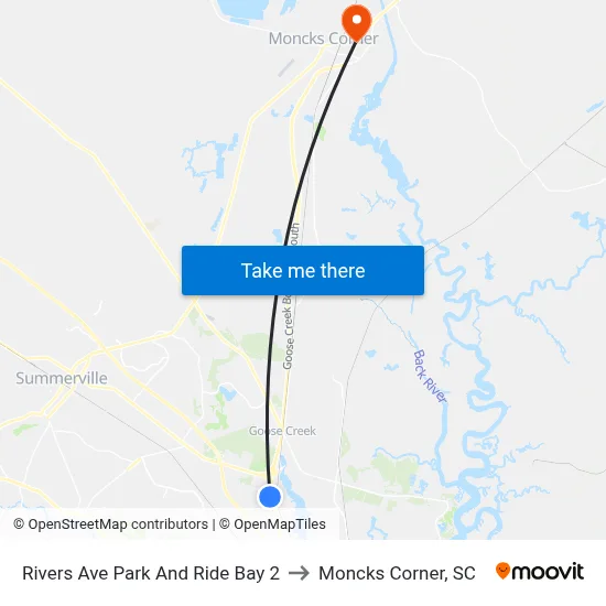 Rivers Ave Park And Ride Bay 2 to Moncks Corner, SC map