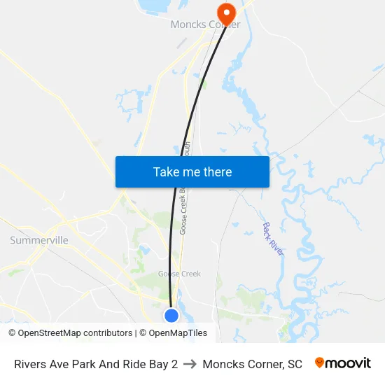 Rivers Ave Park And Ride Bay 2 to Moncks Corner, SC map