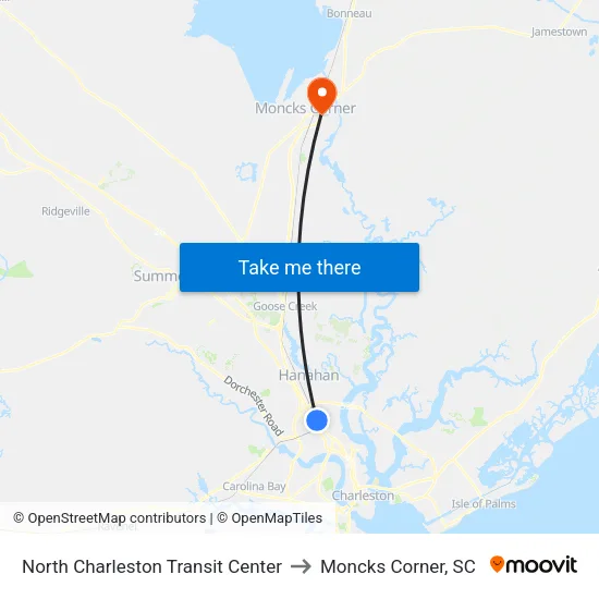 North Charleston Transit Center to Moncks Corner, SC map