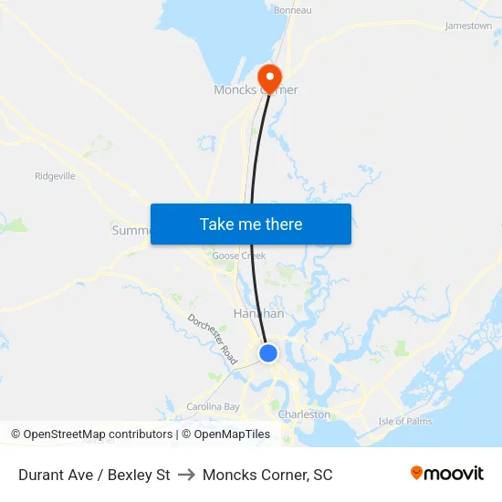 Durant Ave / Bexley St to Moncks Corner, SC map