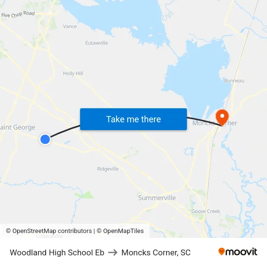 Woodland High School Eb to Moncks Corner, SC map