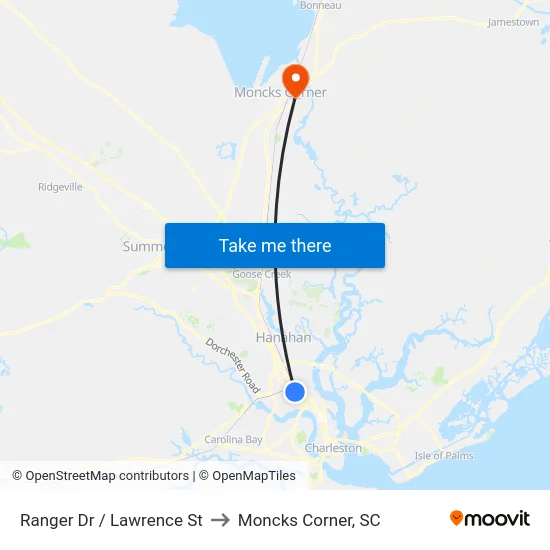 Ranger Dr / Lawrence St to Moncks Corner, SC map