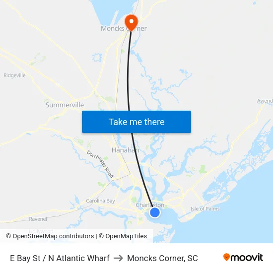E Bay St / N Atlantic Wharf to Moncks Corner, SC map