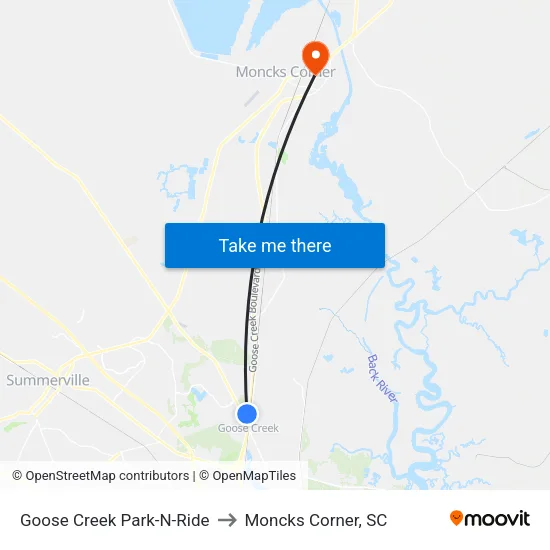 Goose Creek Park-N-Ride to Moncks Corner, SC map