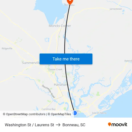 Washington St / Laurens St to Bonneau, SC map
