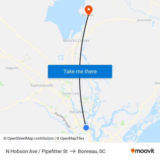 N Hobson Ave / Pipefitter St to Bonneau, SC map