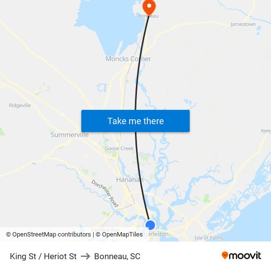 King St / Heriot St to Bonneau, SC map