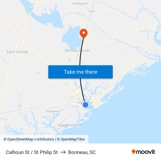 Calhoun St / St Philip St to Bonneau, SC map