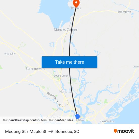 Meeting St / Maple St to Bonneau, SC map