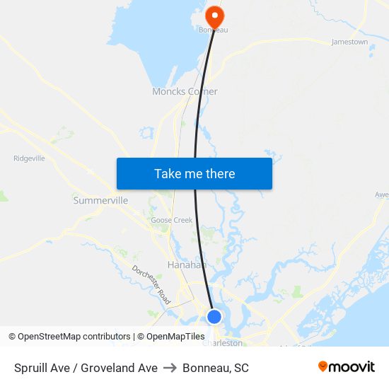 Spruill Ave / Groveland Ave to Bonneau, SC map