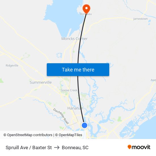 Spruill Ave / Baxter St to Bonneau, SC map