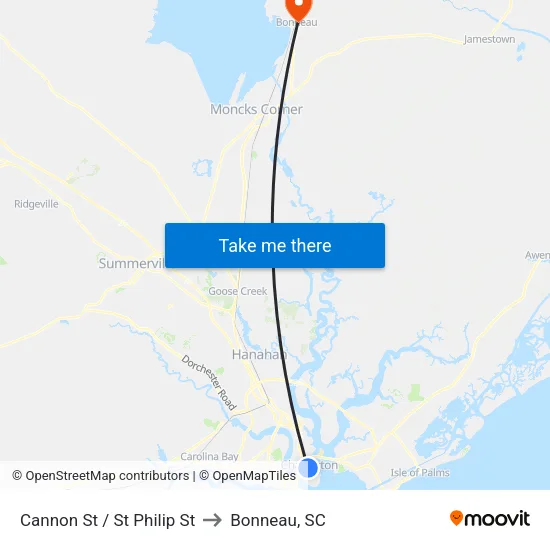 Cannon St / St Philip St to Bonneau, SC map
