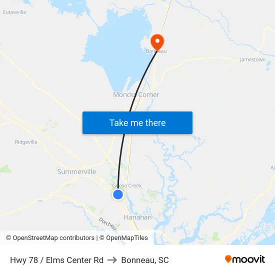 Hwy 78 / Elms Center Rd to Bonneau, SC map